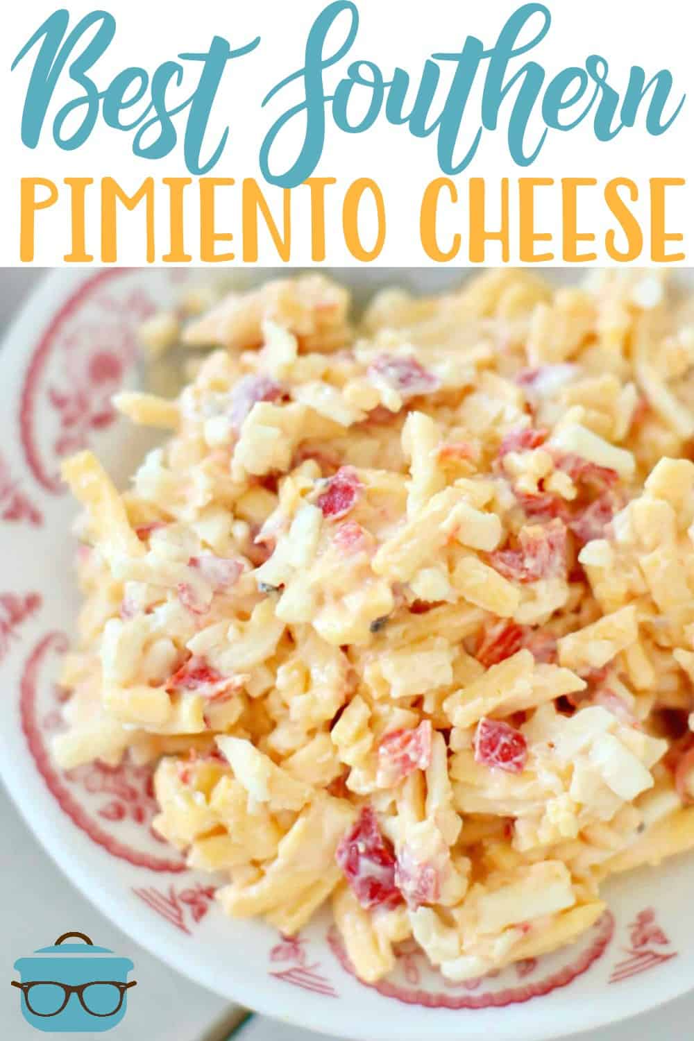 The Best Southern Pimiento Cheese recipe from The Country Cook shown close up on a read and white round plate. 