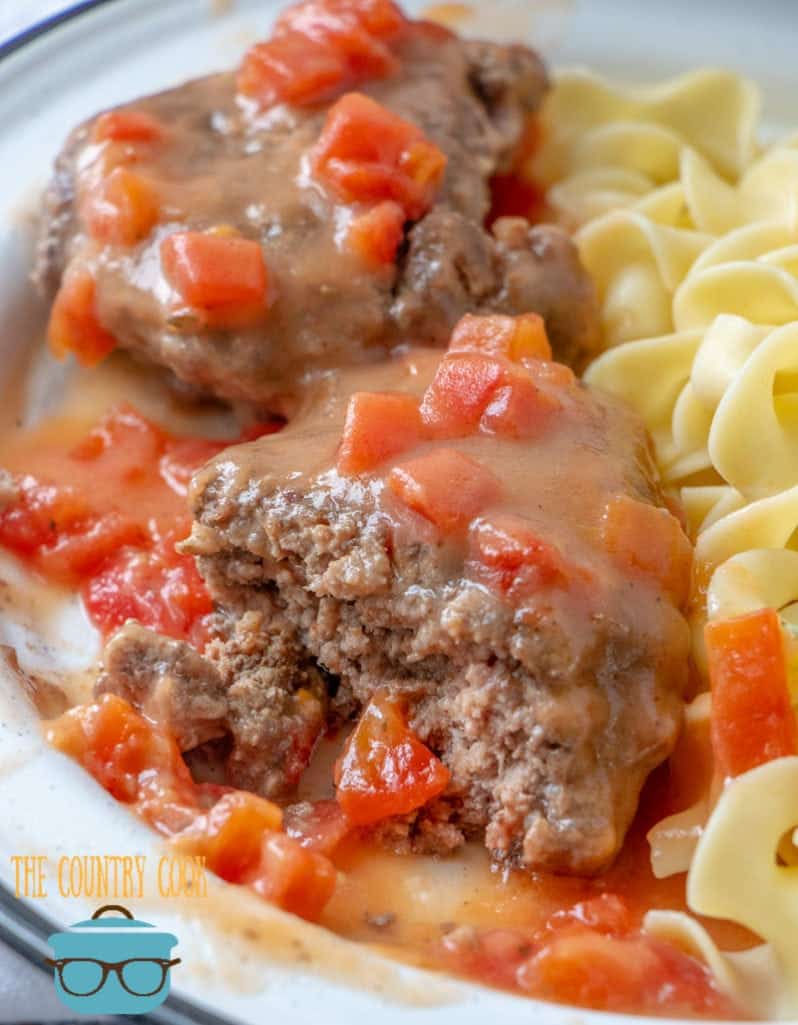 Hamburger Steaks and Tomato Gravy served with buttered noodles