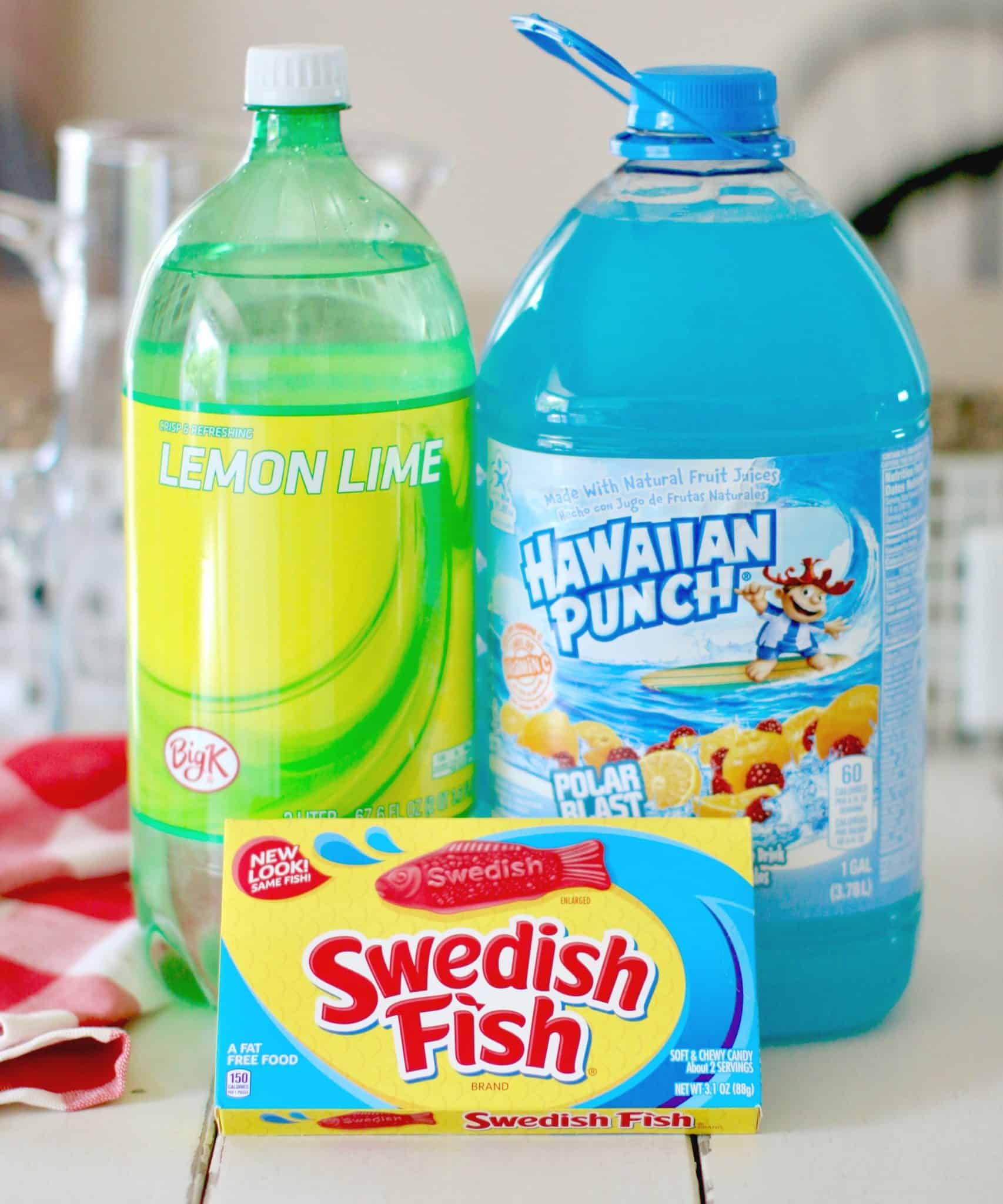 Polar Blast Hawaiian Punch, Lemon Lime soda and Swedish Fish.