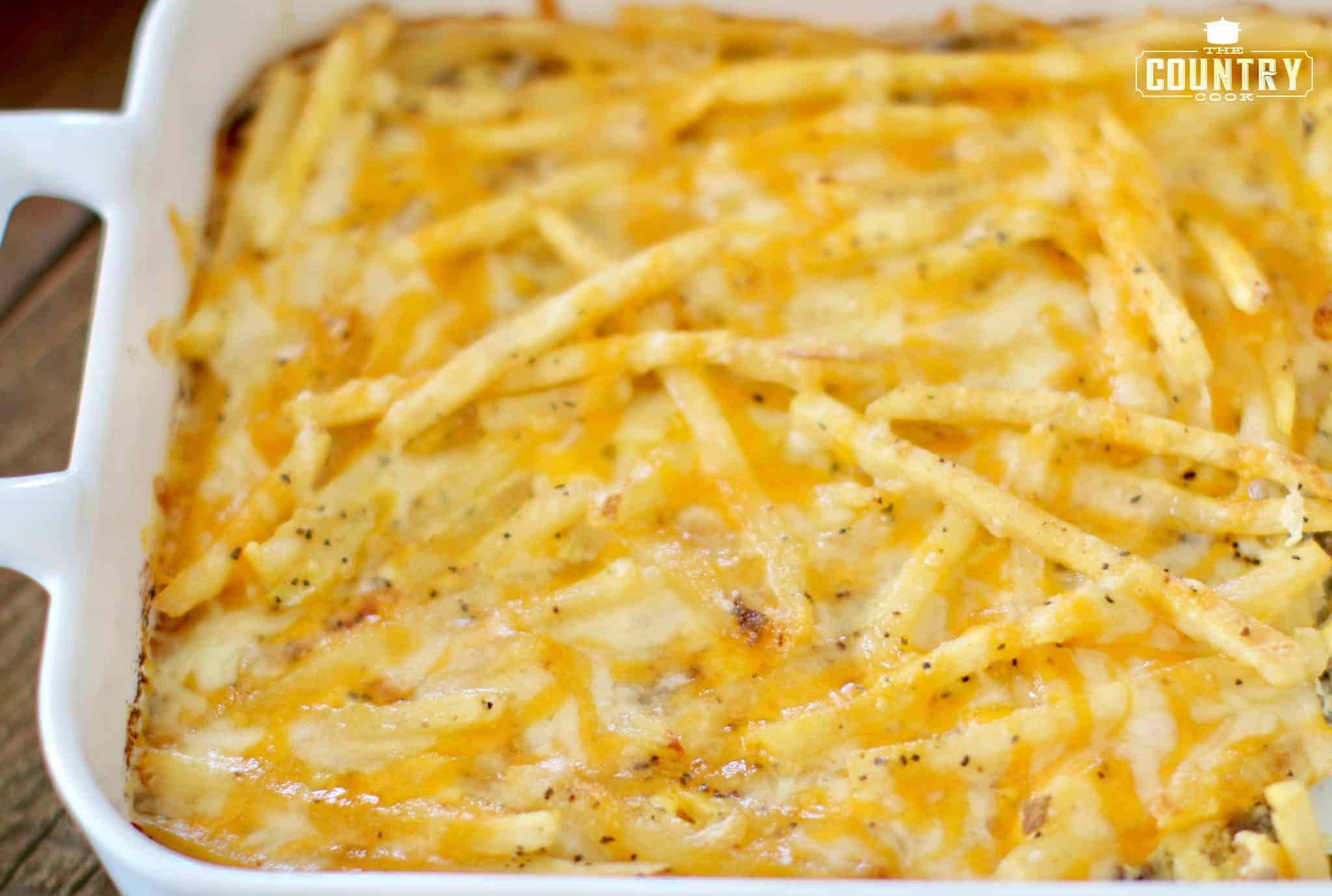 Cheeseburger and Fries Casserole shown fully baked with melted cheese.
