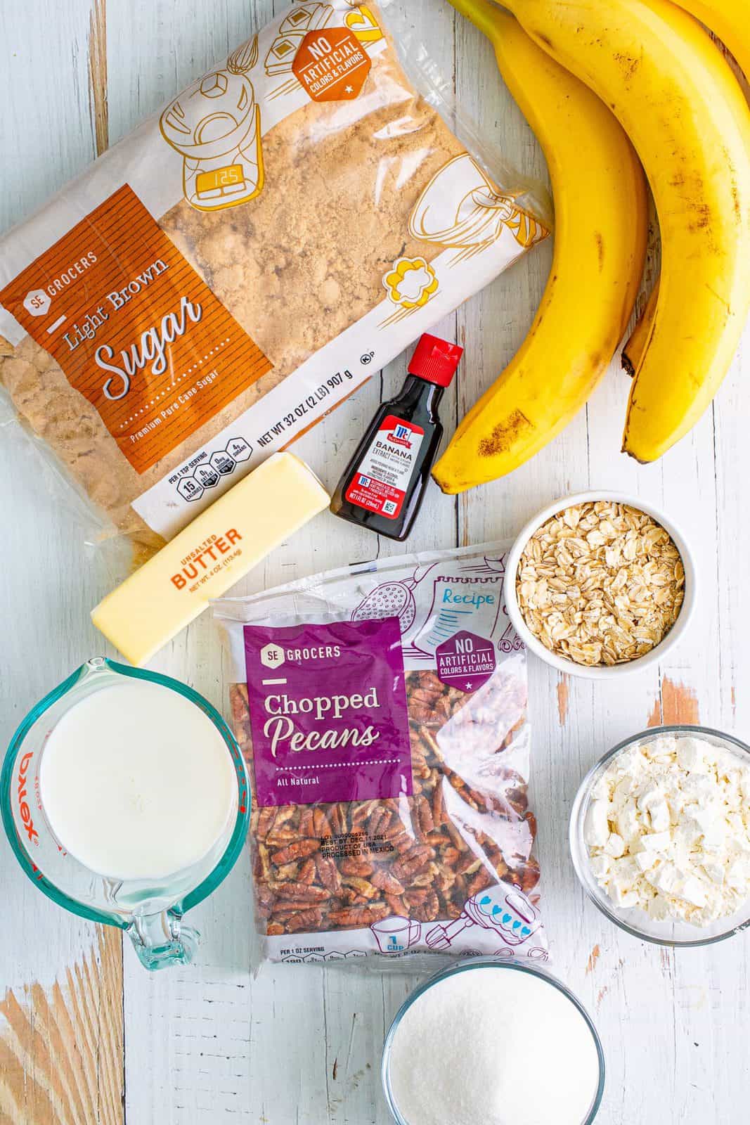 ingredients needed: self-rising flour, unsalted butter, uncooked old-fashioned oats ,chopped pecans, sugar, milk, ripe bananas.