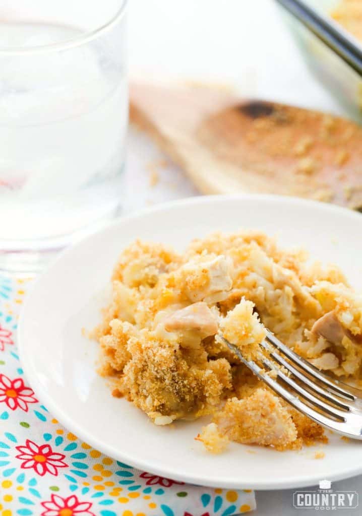 Mom's Chicken and Rice Casserole, finished dish on a plate with fork