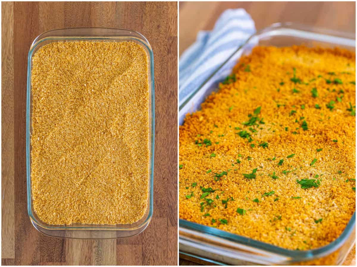 collage of two photos: bread crumbs sprinkled on casserole; fully baked chicken and rice casserole with freshly chopped parsley on top.
