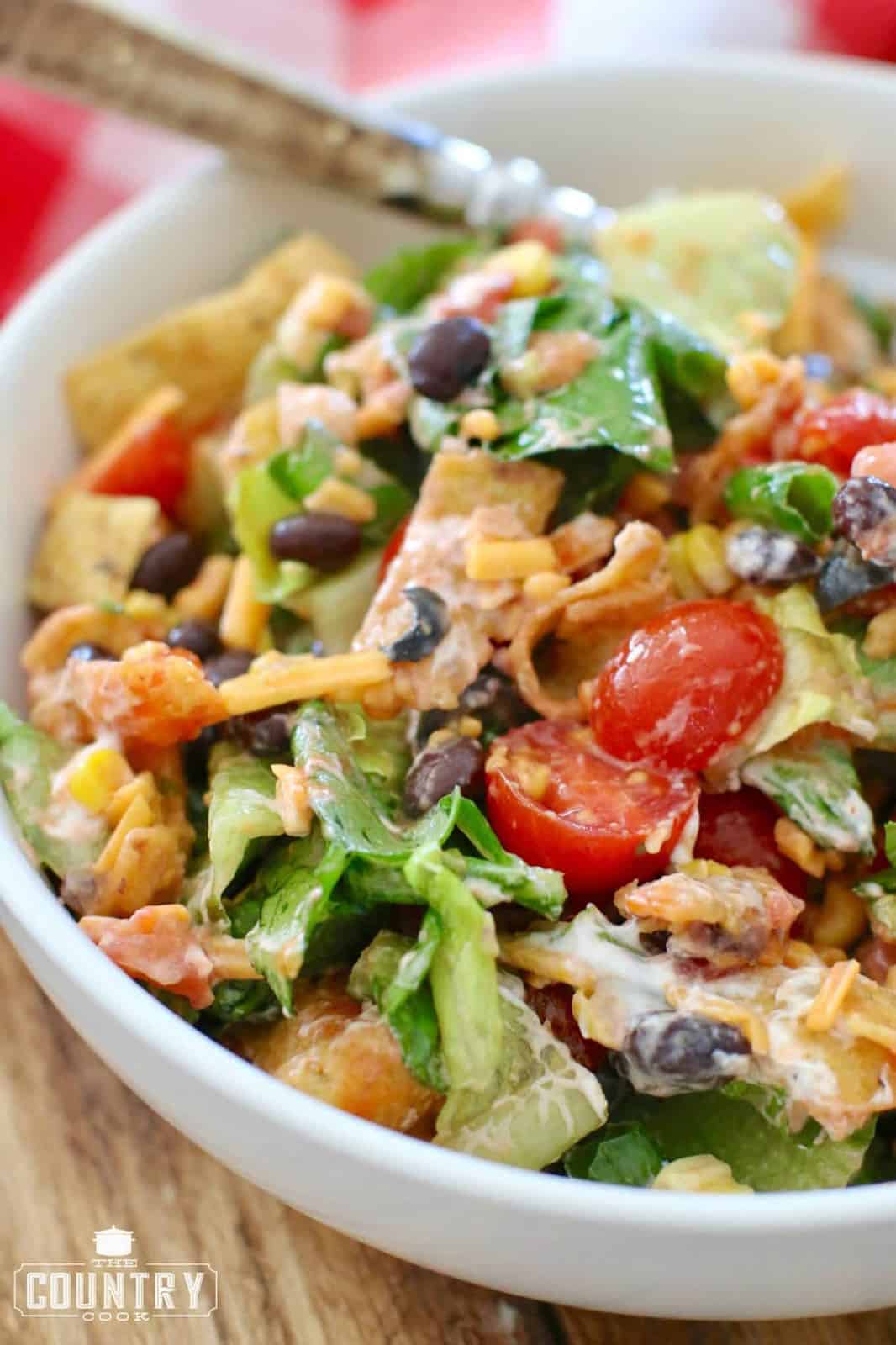 Vegetarian Taco Salad recipe - served in a bowl with a fork.