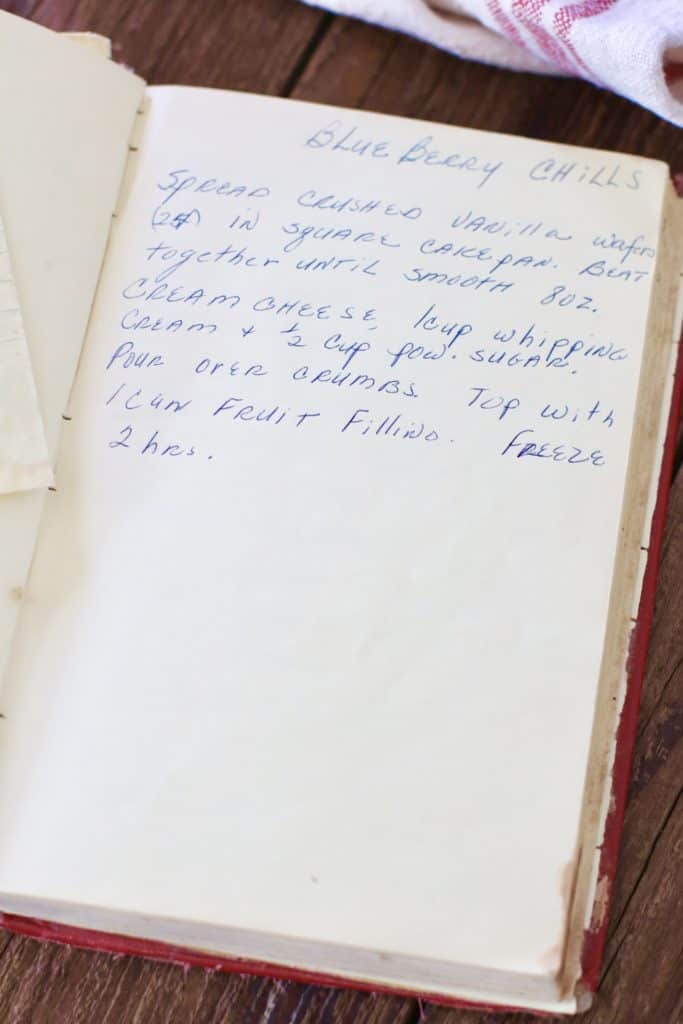 Grandma's Cookbook showing her handwritten recipe for blueberry chills