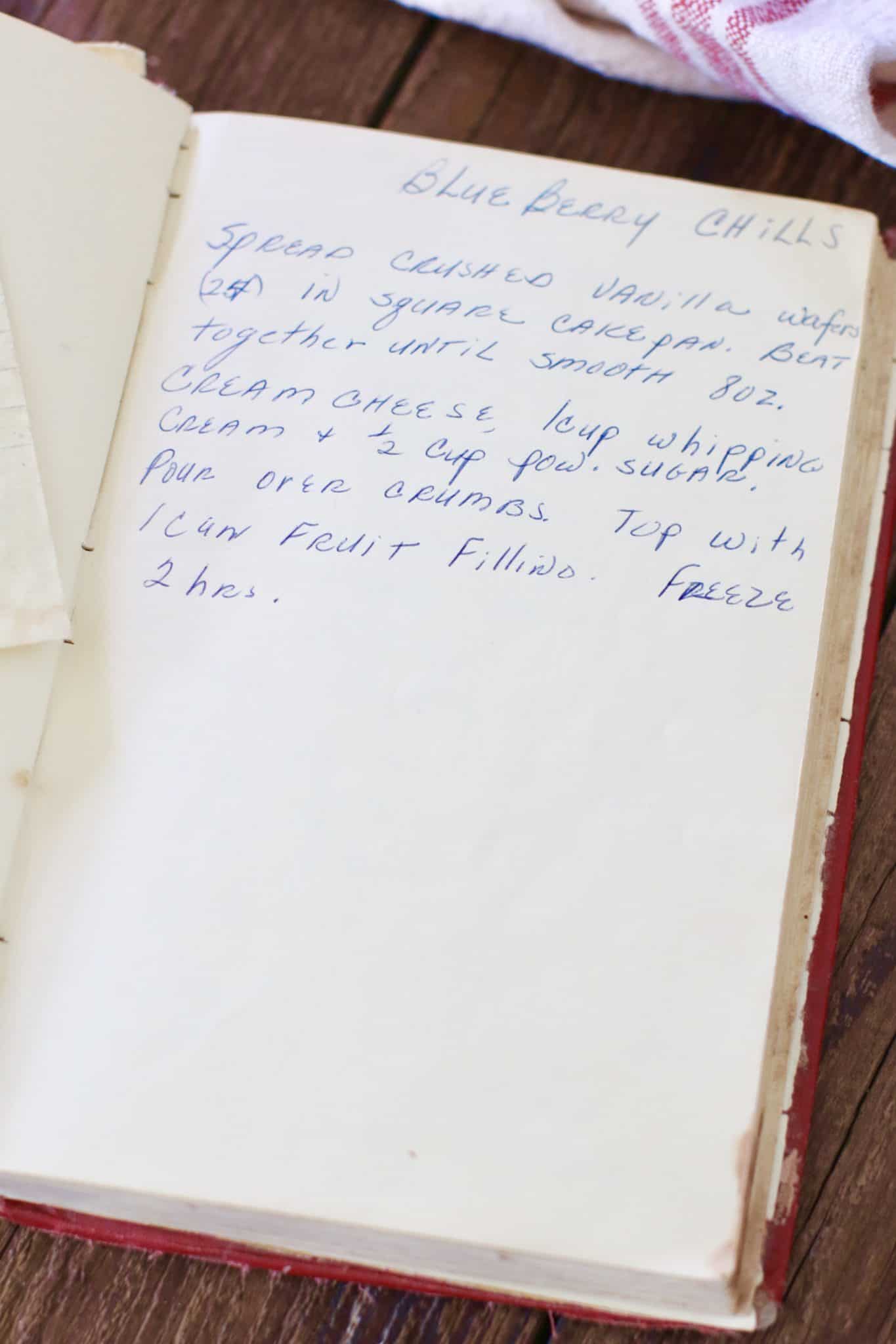 Grandma's Cookbook showing her handwritten recipe for blueberry chills.