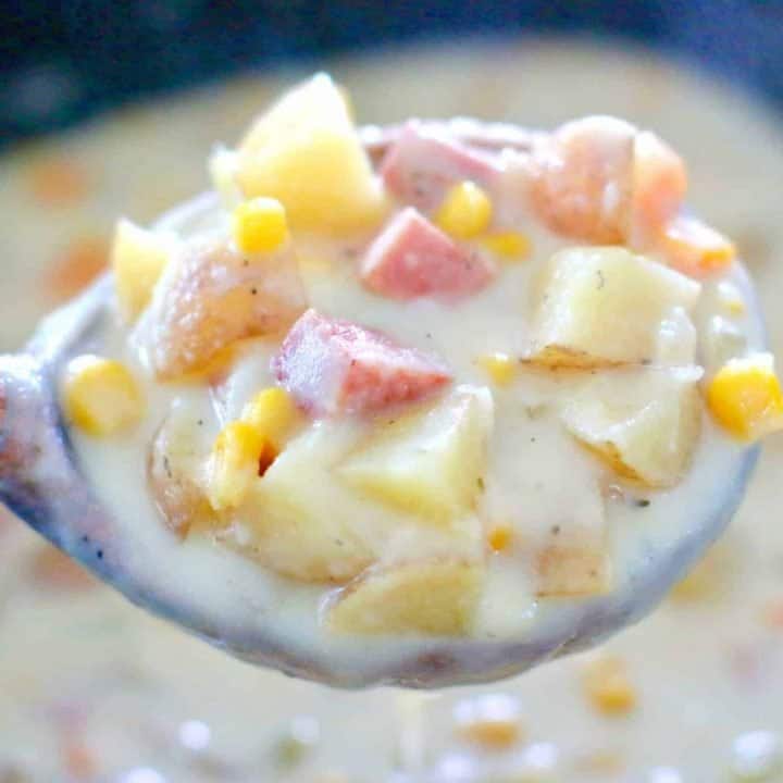 Potatoes, ham, corn and carrots in chowder