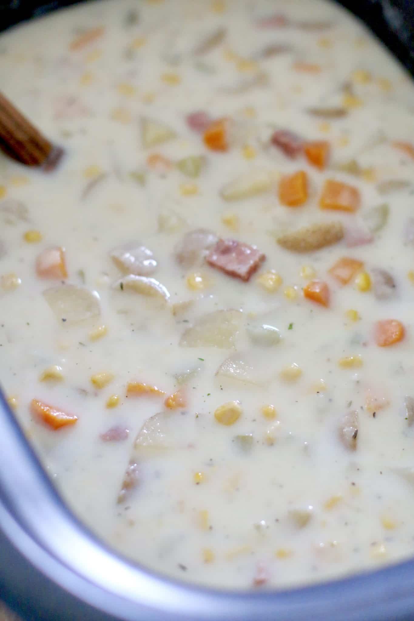slow cooker ham, potato and corn chowder fully cooked in a crock pot.