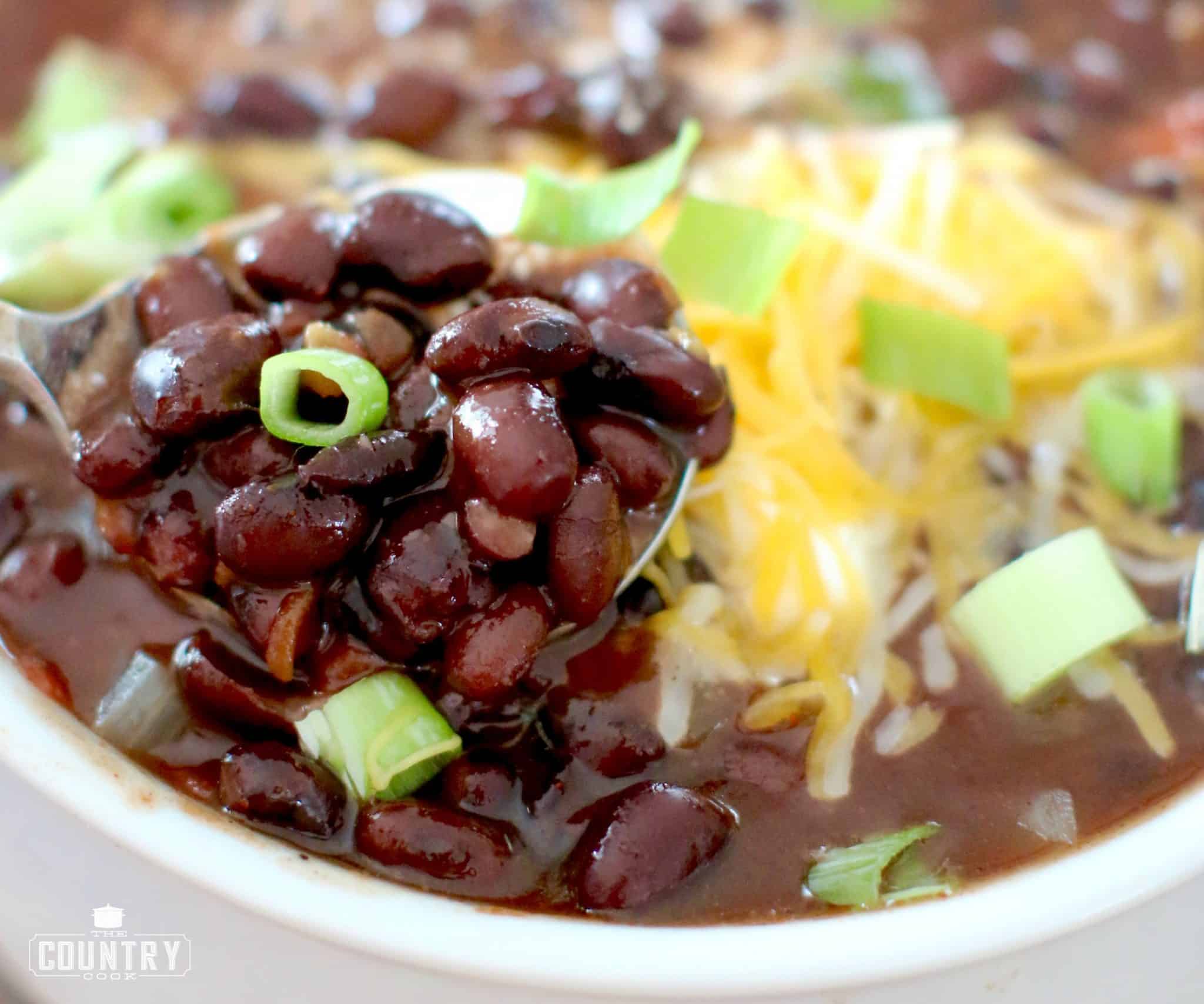 spoonful black bean chili with shredded cheese, sour cream and green onion.