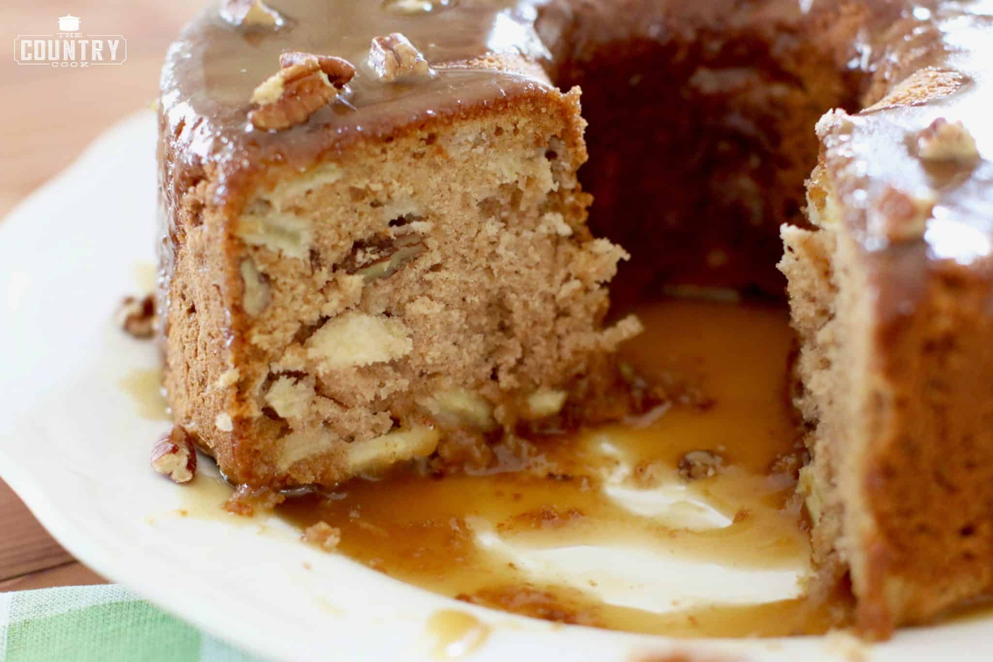 homemade apple cake with caramel drizzle.