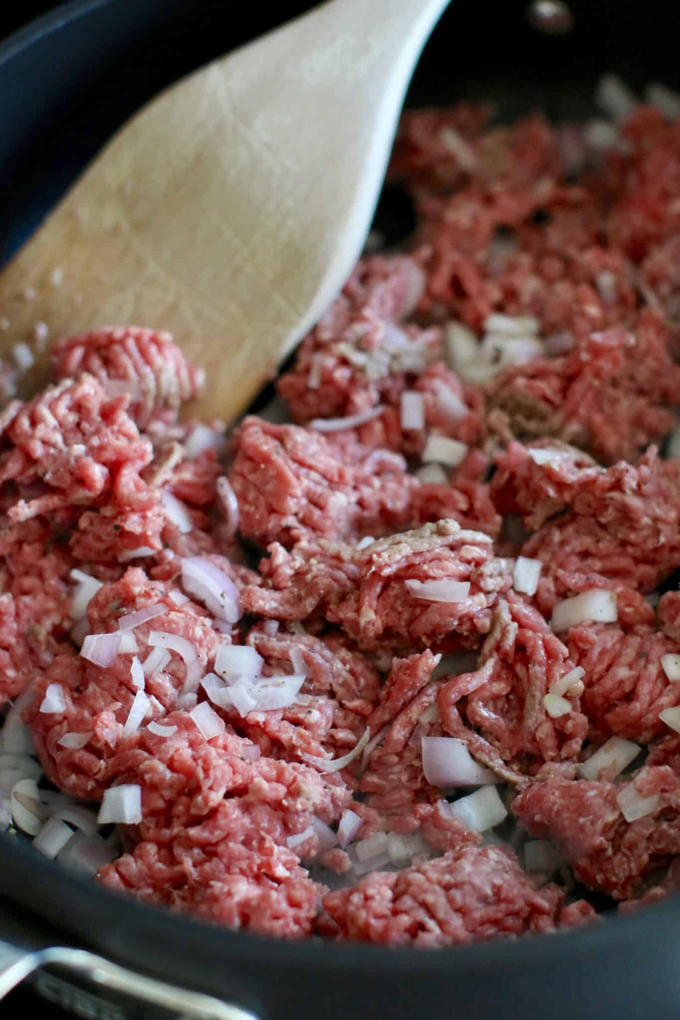 ground beef and chopped shallot.