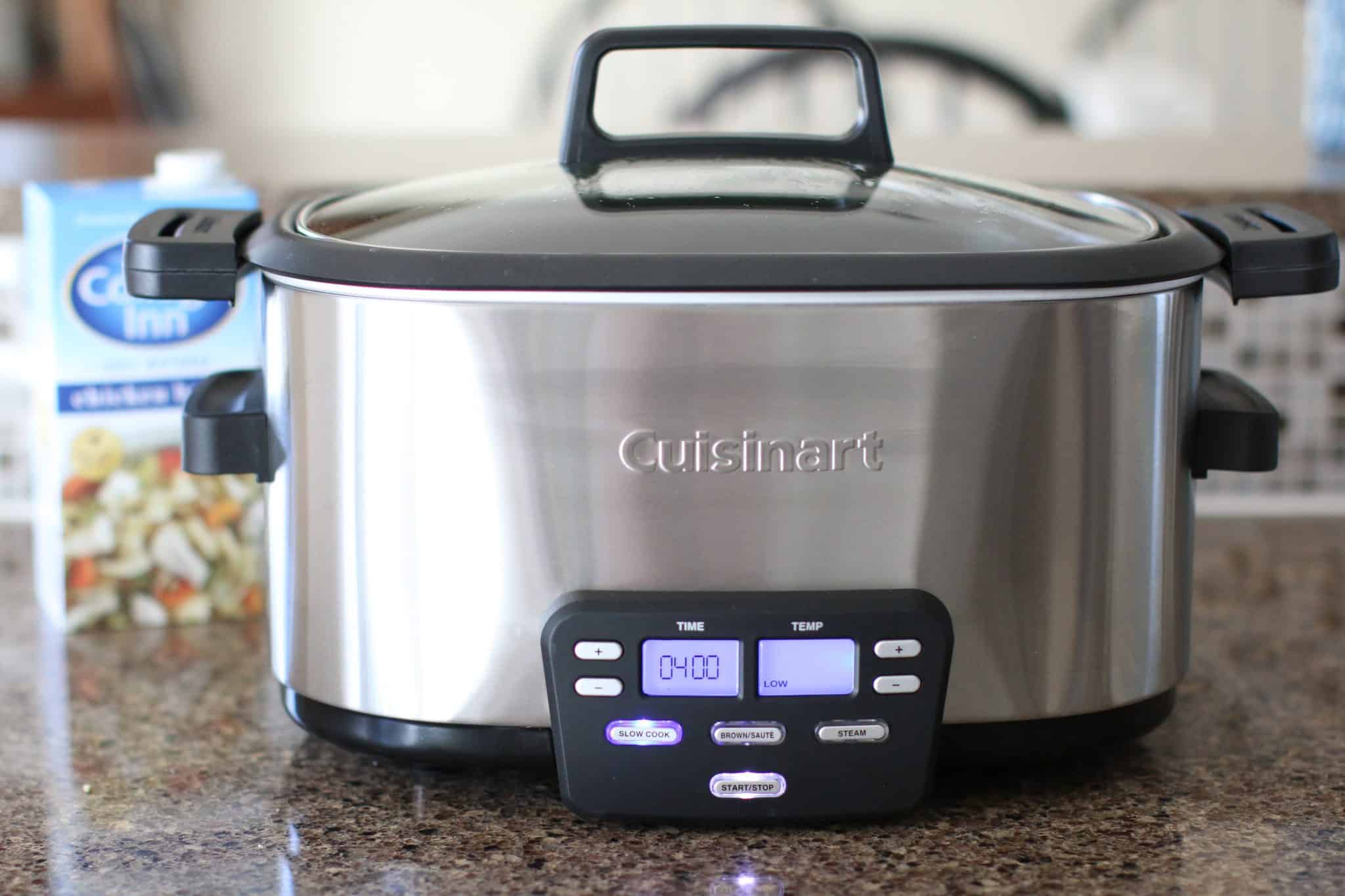 covered 4-quart stainless steel slow cooker.