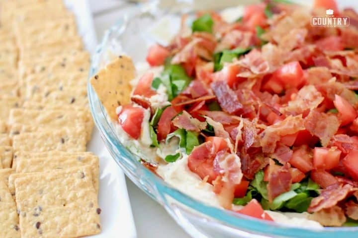 Closeup, Bacon Lettuce Tomato Dip with crackers lined up on the side.