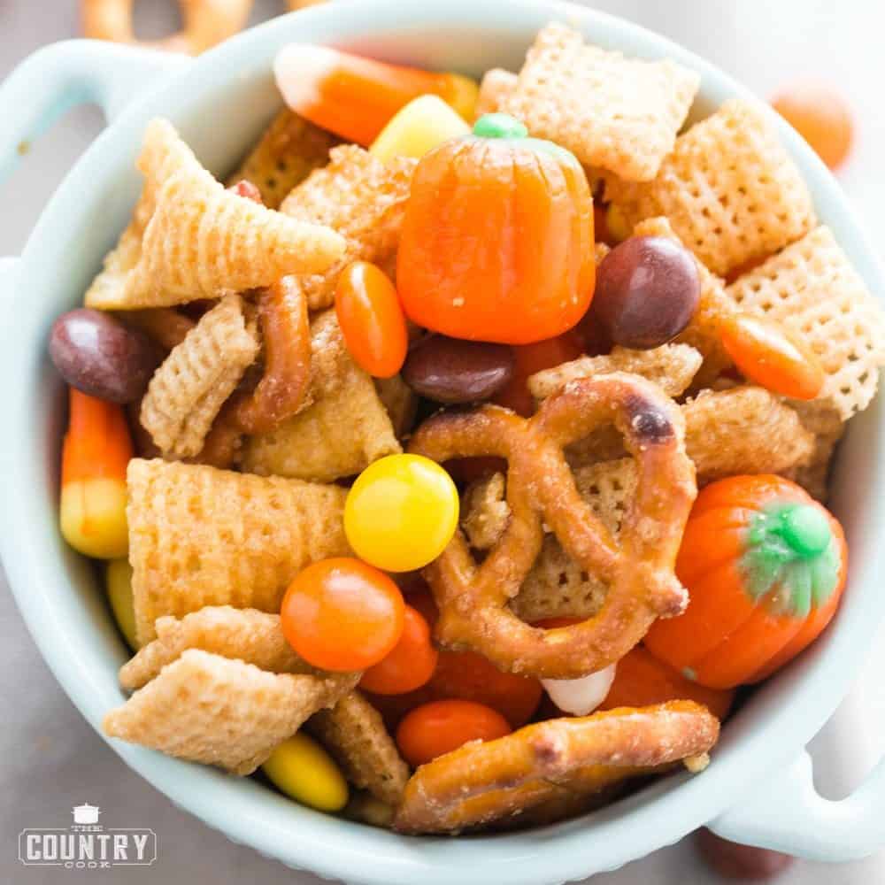 Fall Harvest Chex Mix shown close up in a small white bowl