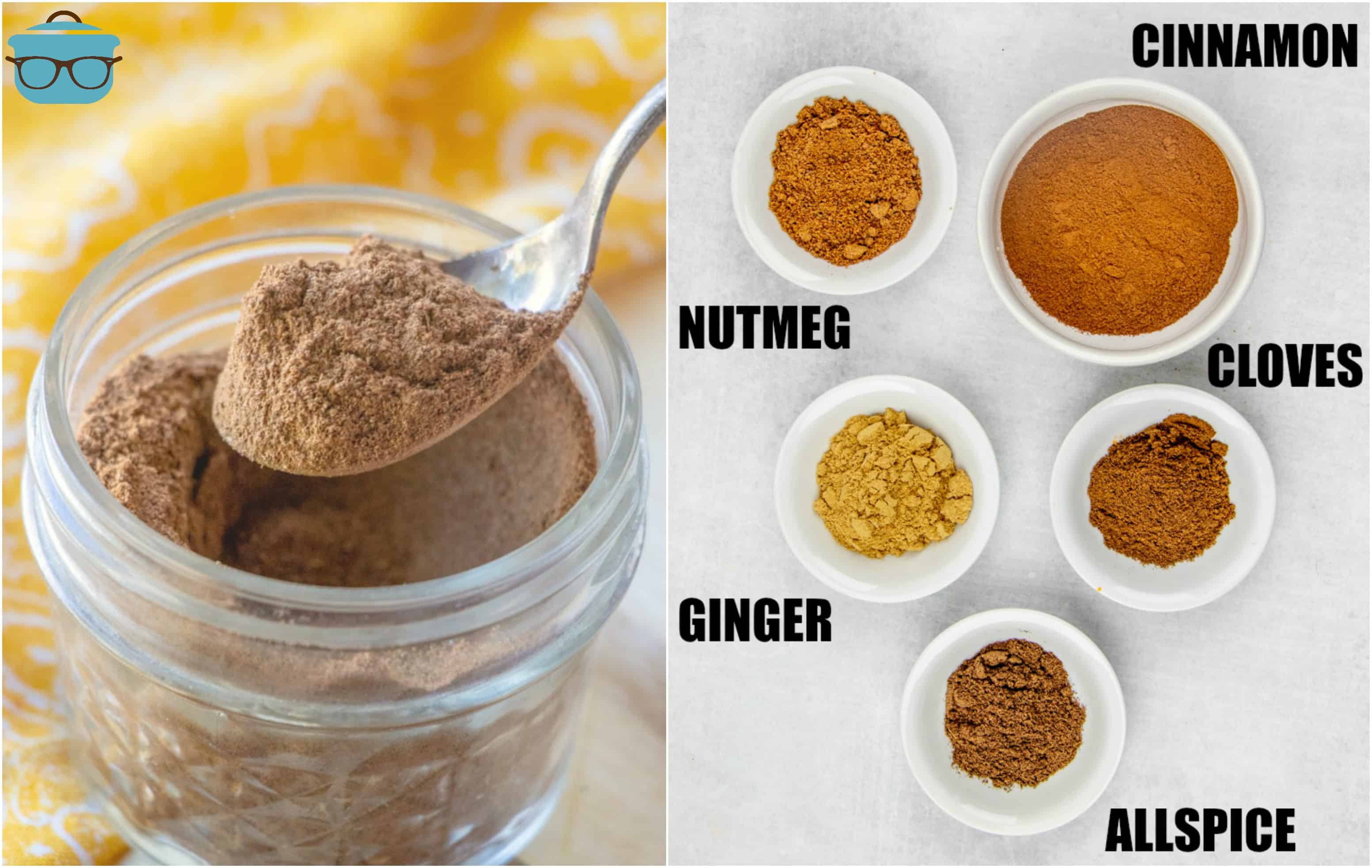 Homemade Pumpkin Pie Spice in a mason jar and a list of ingredients.