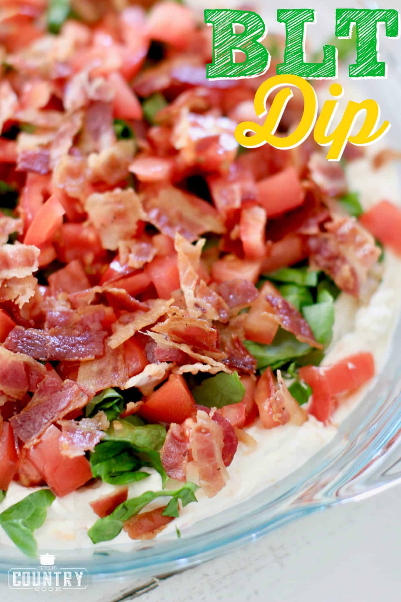 closeup photo of the BLT Dip in a clear pie plate. 