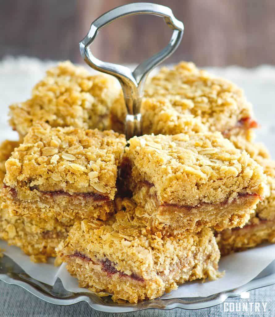 Oatmeal Cranberry Bars on a decorative serving plate shown close up.