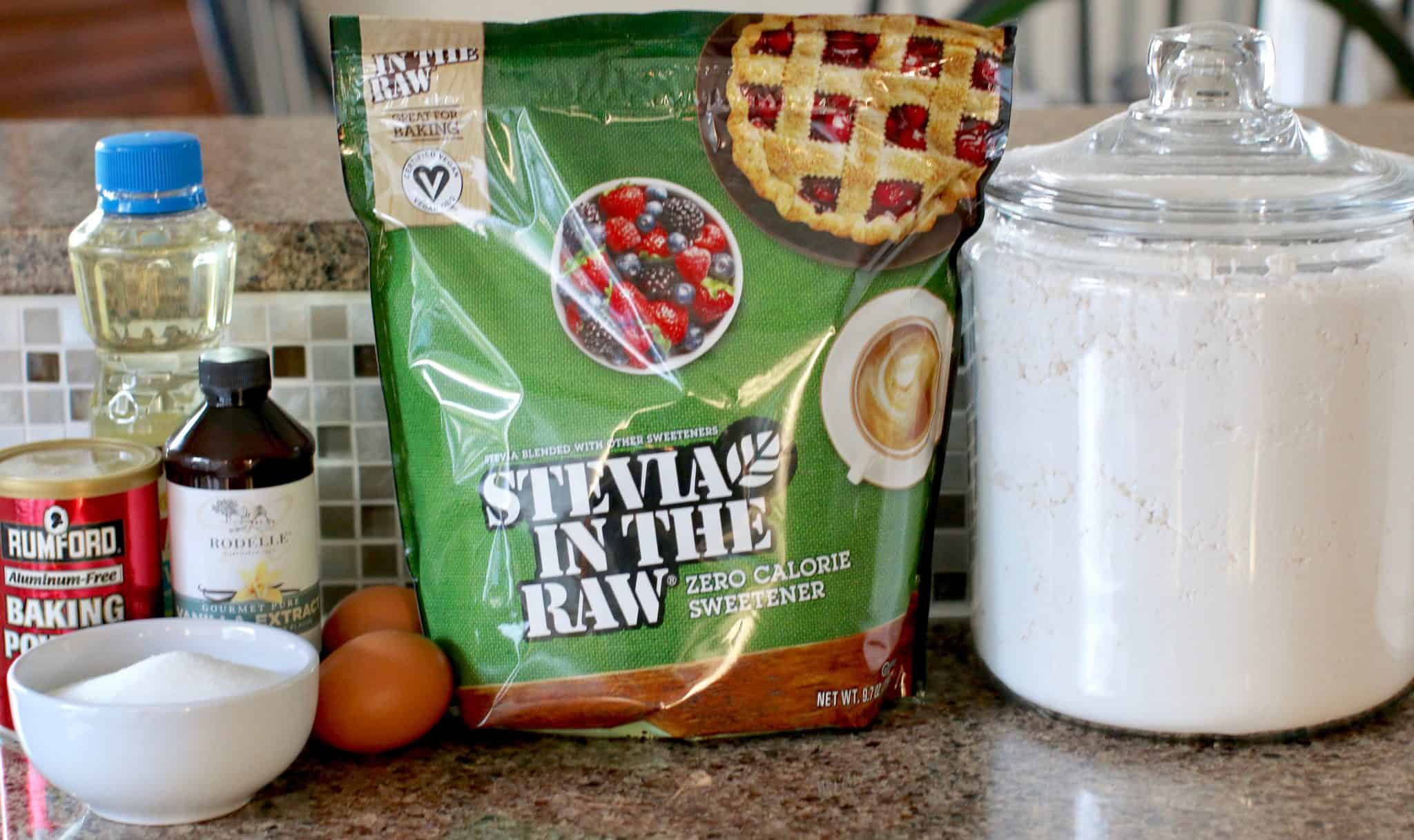 Stevia in the Raw, sugar, eggs, flour, vanilla, baking powder. 