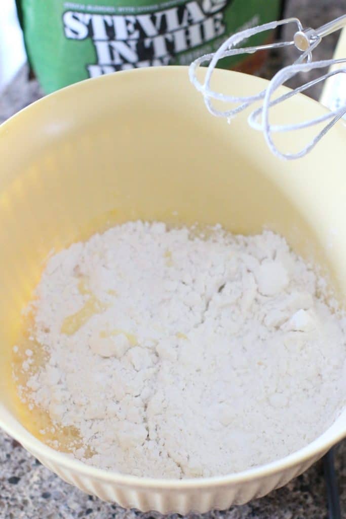 all purpose flour, baking powder and salt added to bowl