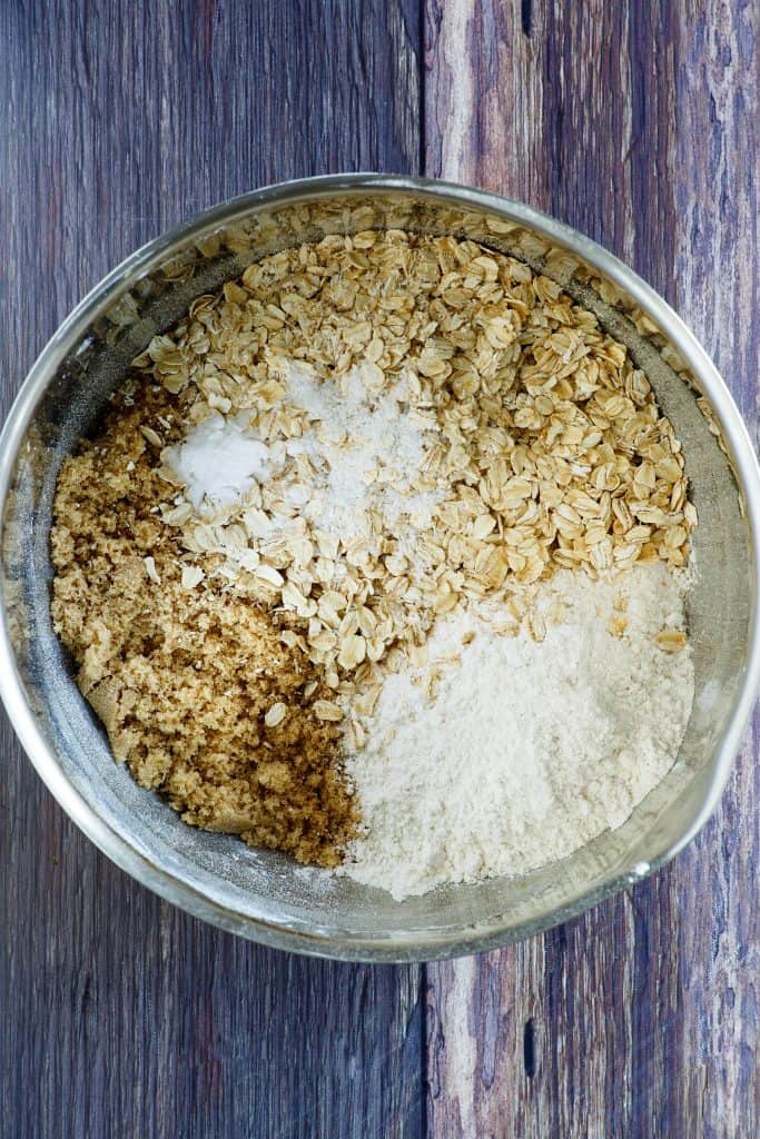 oatmeal, flour, brown sugar in a bowl.