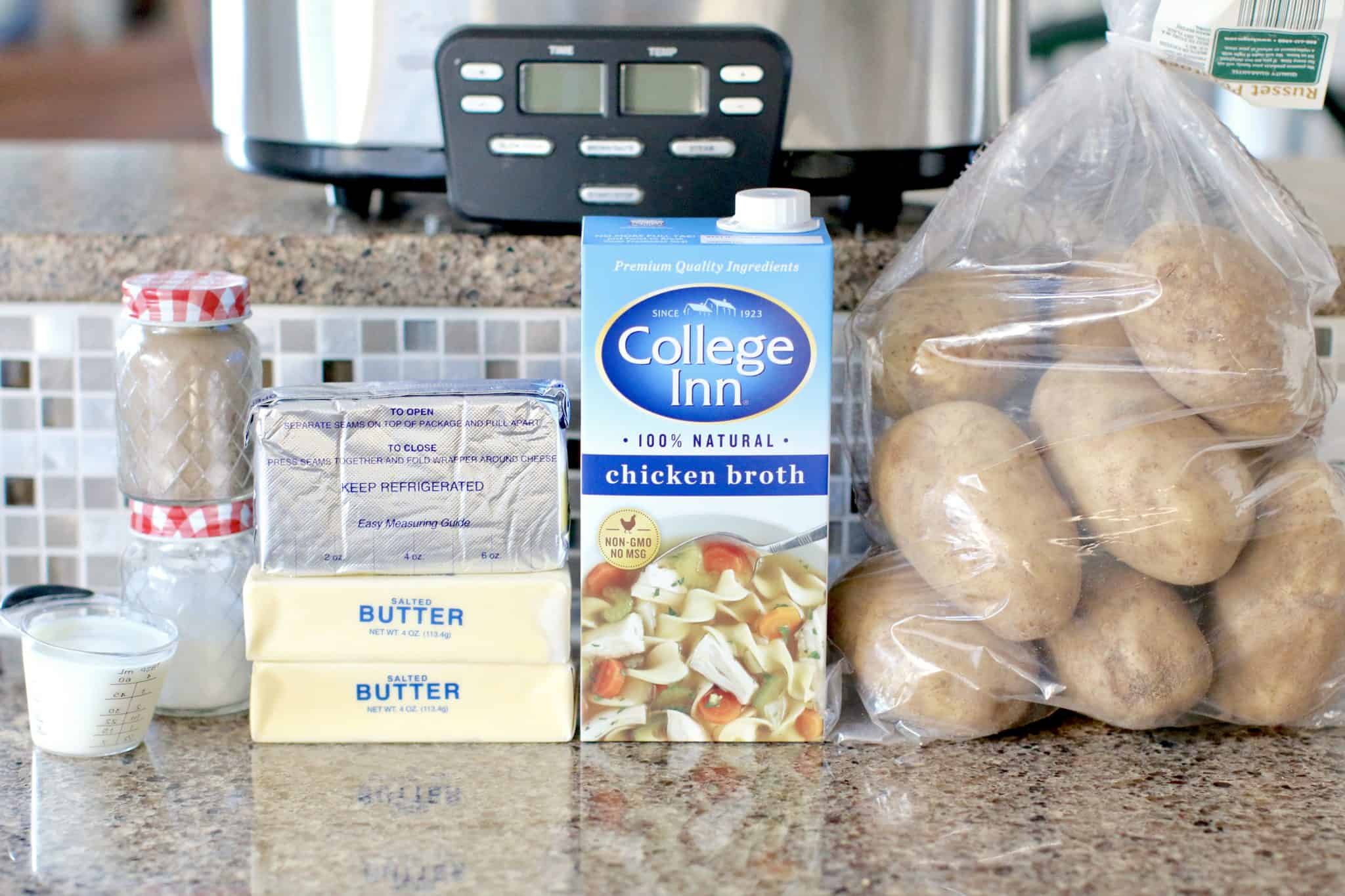 ingredients needed to make mashed potatoes: potatoes, butter, chicken broth, cream cheese.
