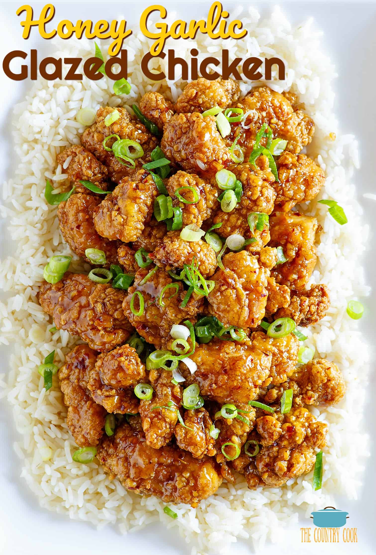 Easy Honey Garlic Glazed Chicken shown in an overhead video on white rice on a long white platter.