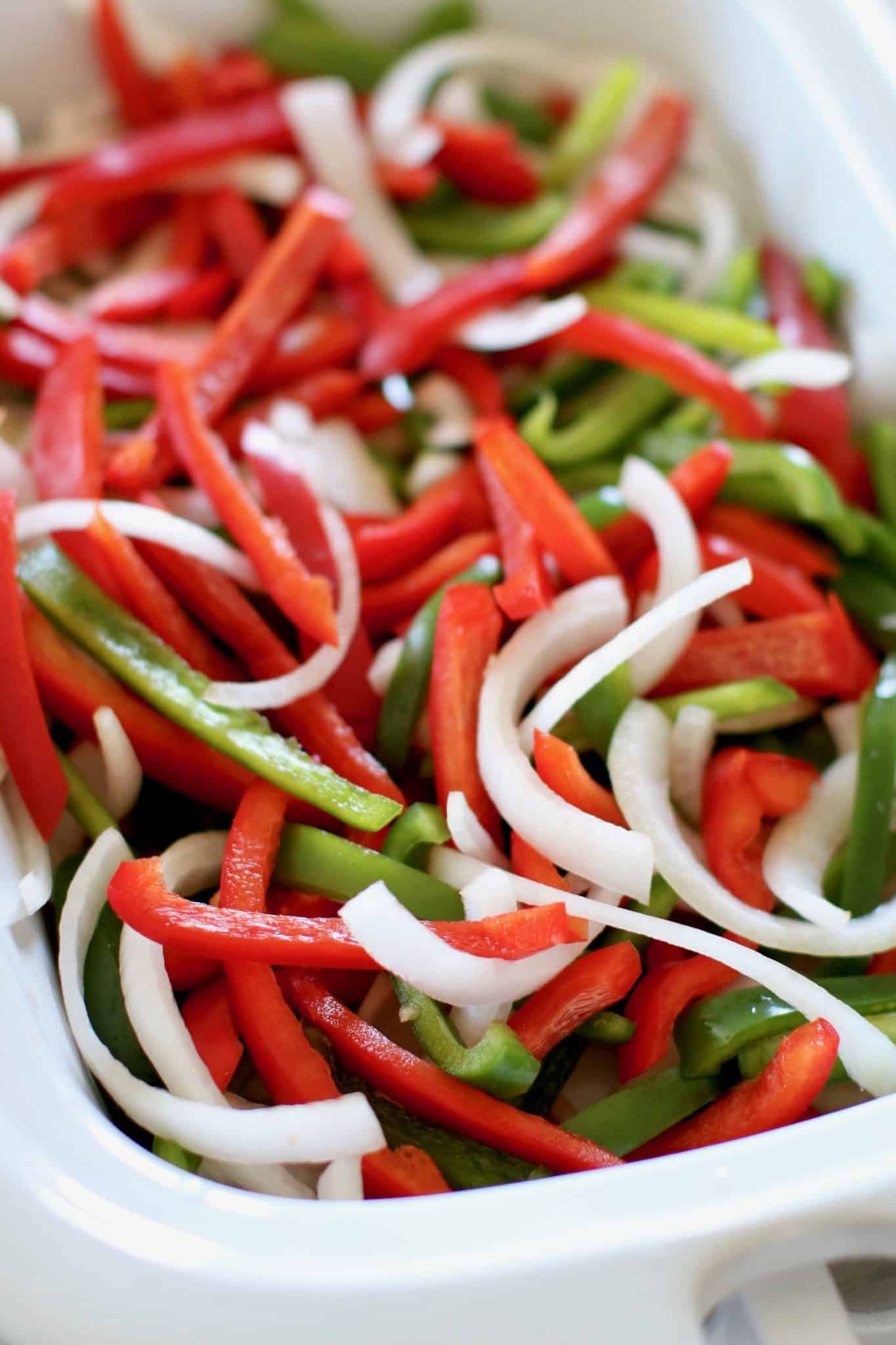 green pepper, red peppers, onion in slow cooker