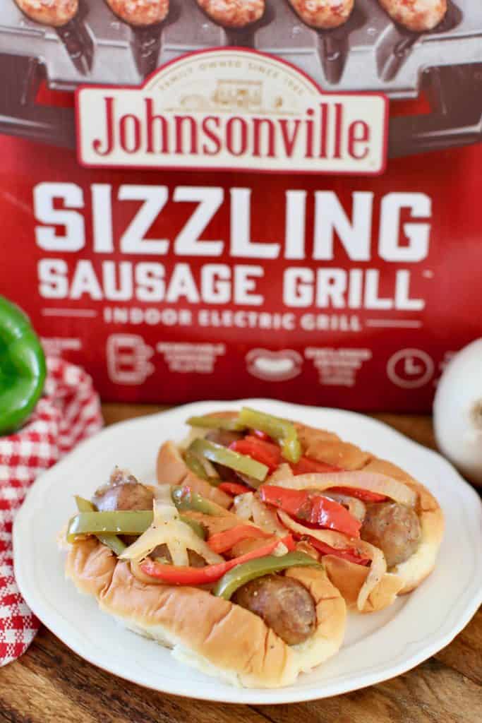 Johnsonville Sausage Grill with Sausage and Peppers on a bun