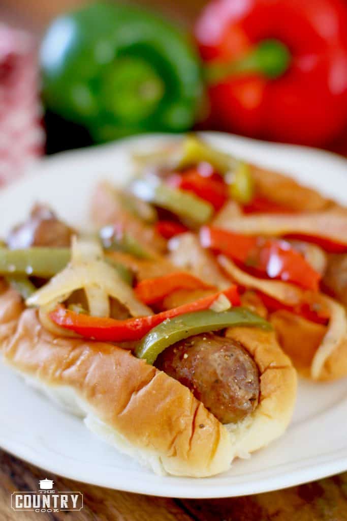Italian sausage and peppers on a bun