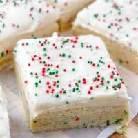 Holiday Sugar Cookie Bars topped with Cream Cheese Frosting