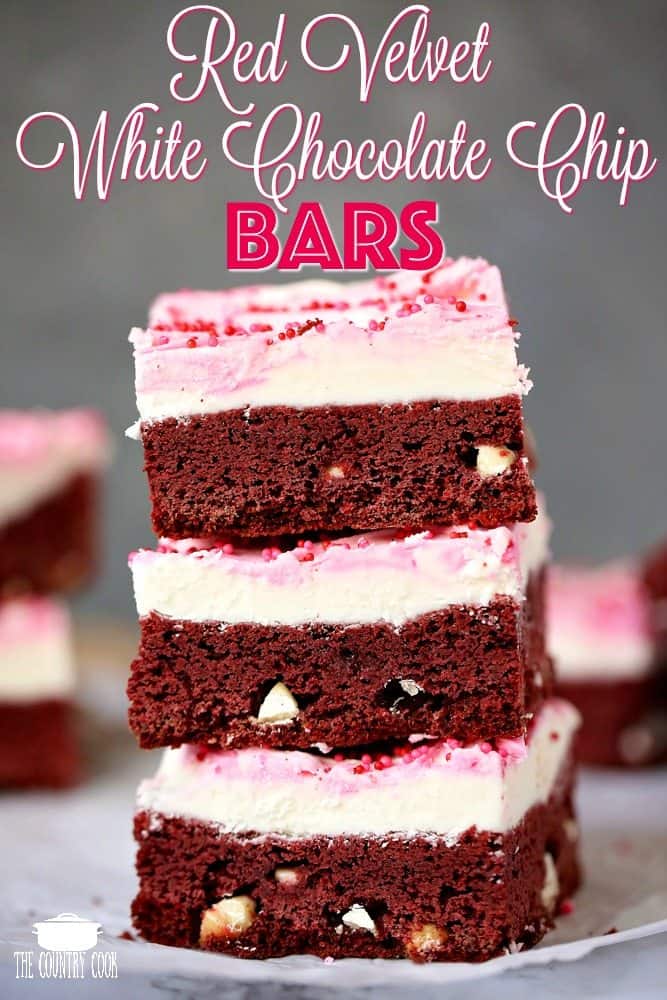 Photo of Cake Mix Red Velvet White Chocolate Chip Cookie Bars with Buttercream icing recipe from The Country Cook.