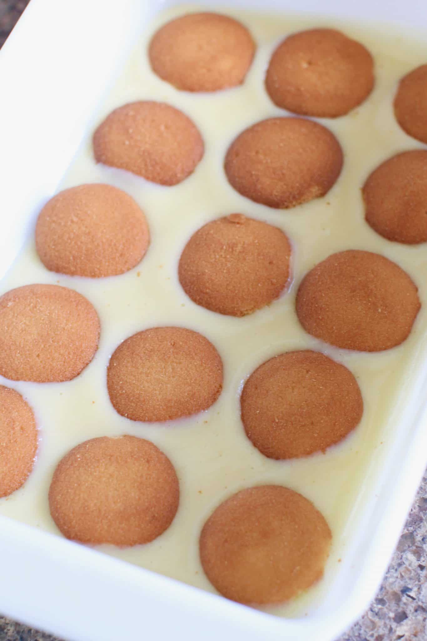 Nilla wafers added to pudding layer in white baking dish. 