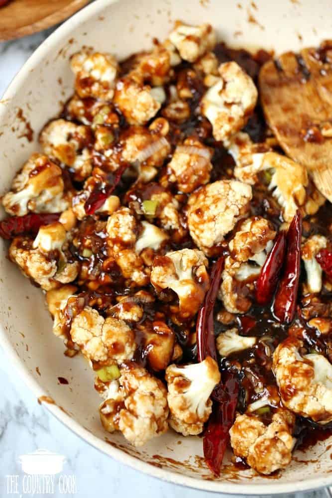 finished Kung Pao Cauliflower in skillet with sauce.
