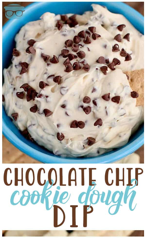 Chocolate Chip Cookie Dough Dip recipe from The Country Cook shown close up in a blue bowl with a graham cracker stuck into the dip mixture.