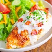 Low Carb Parmesan Chicken with Creamy Bacon Sauce.