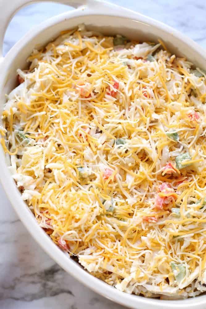 shredded Mexican cheese topped hash brown casserole
