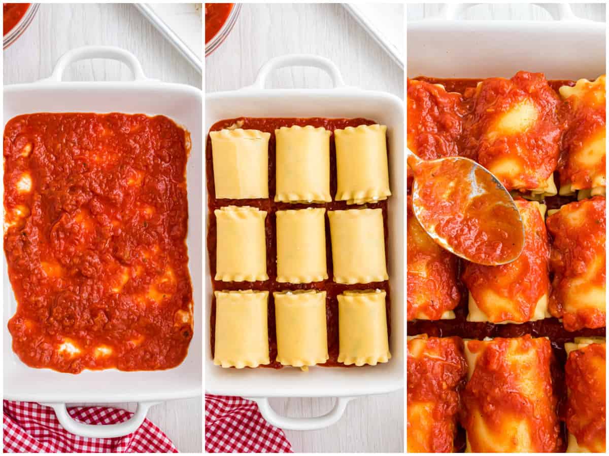 collage of three photos: marinara spread into baking dish; lasagna rolls added on top of sauce; spooning sauce on top of lasagna rolls. 