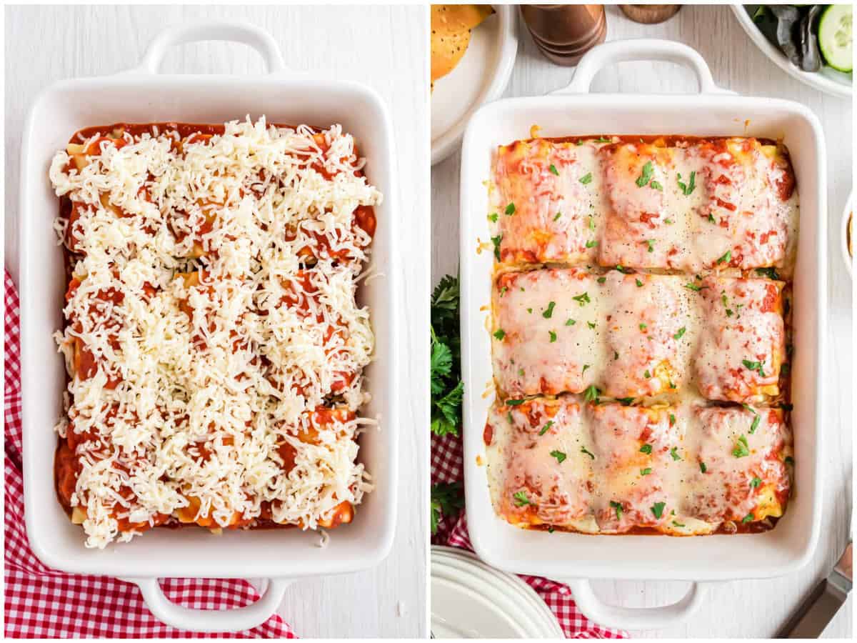 collage of two photos: mozzarella cheese sprinkled on top of lasagna rolls; fully baked lasagna rolls still in the baking dish. 