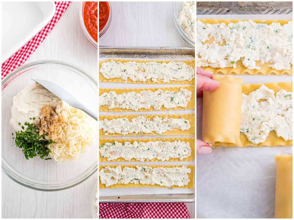 collage of three photos: ricotta cheese, garlic basil and mozzarella cheese in a bowl; ricotta mixture spread onto cooked lasagna noodles; rolling up a lasagna noodle. 
