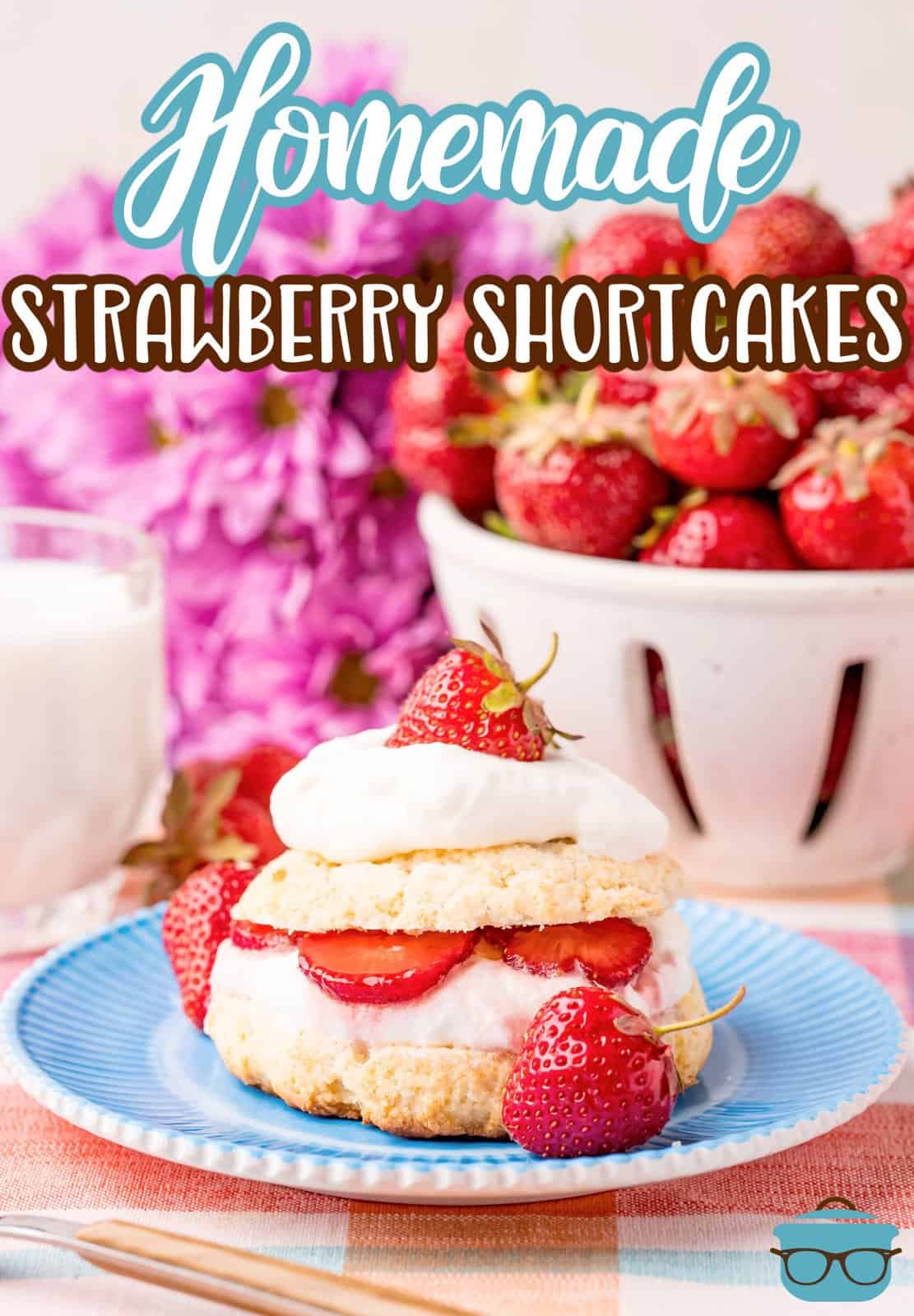 strawberry shortcake shown on round blue plate with a bowl of fresh strawberries shown behind it. 