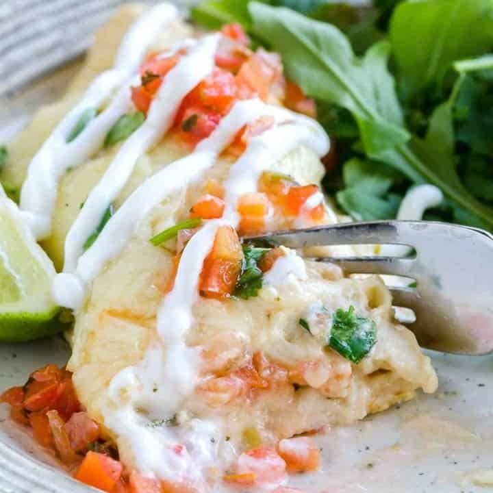 Shrimp Enchiladas with cream sauce and pico de gallo