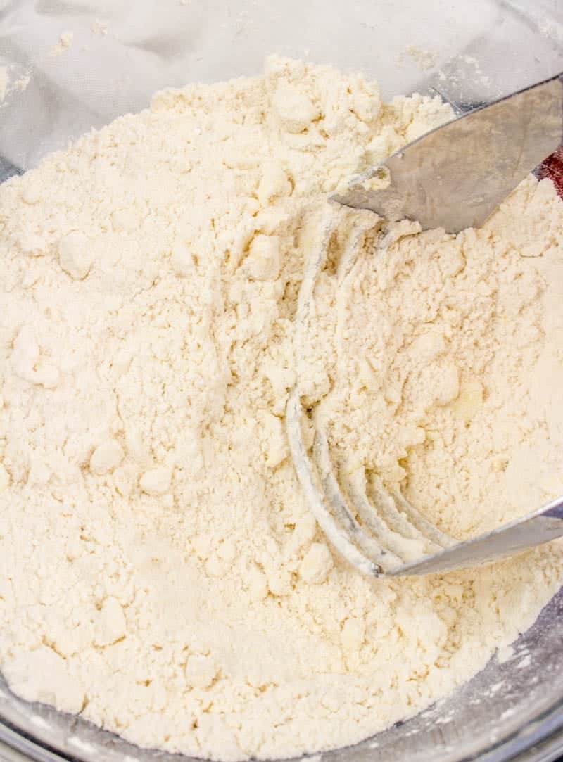 using a pastry cutter into cold butter and flour In bowl.