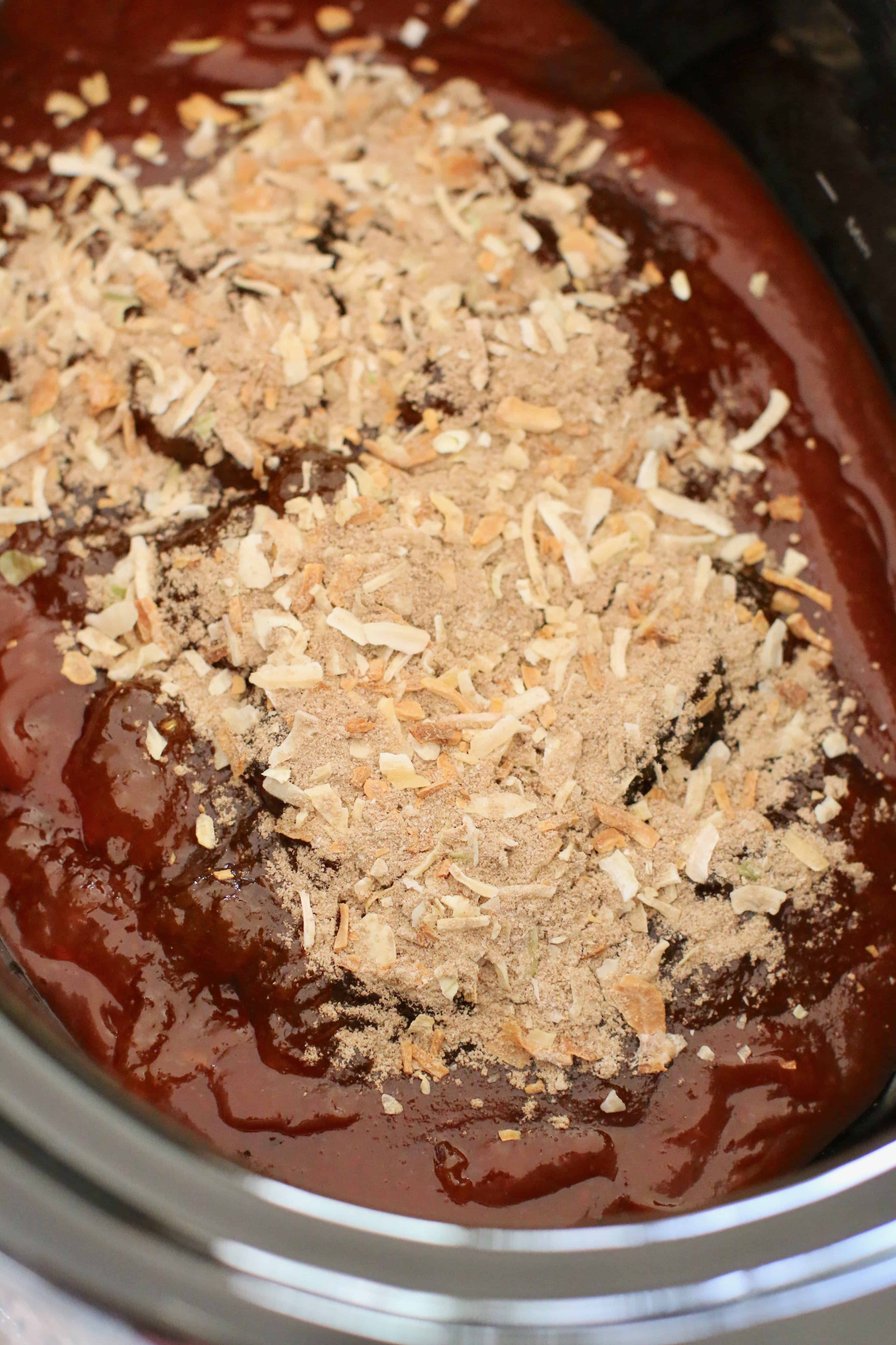 barbecue sauce, apricot preserves and onion soup mix in the bottom of a 5-quart oval crock pot.