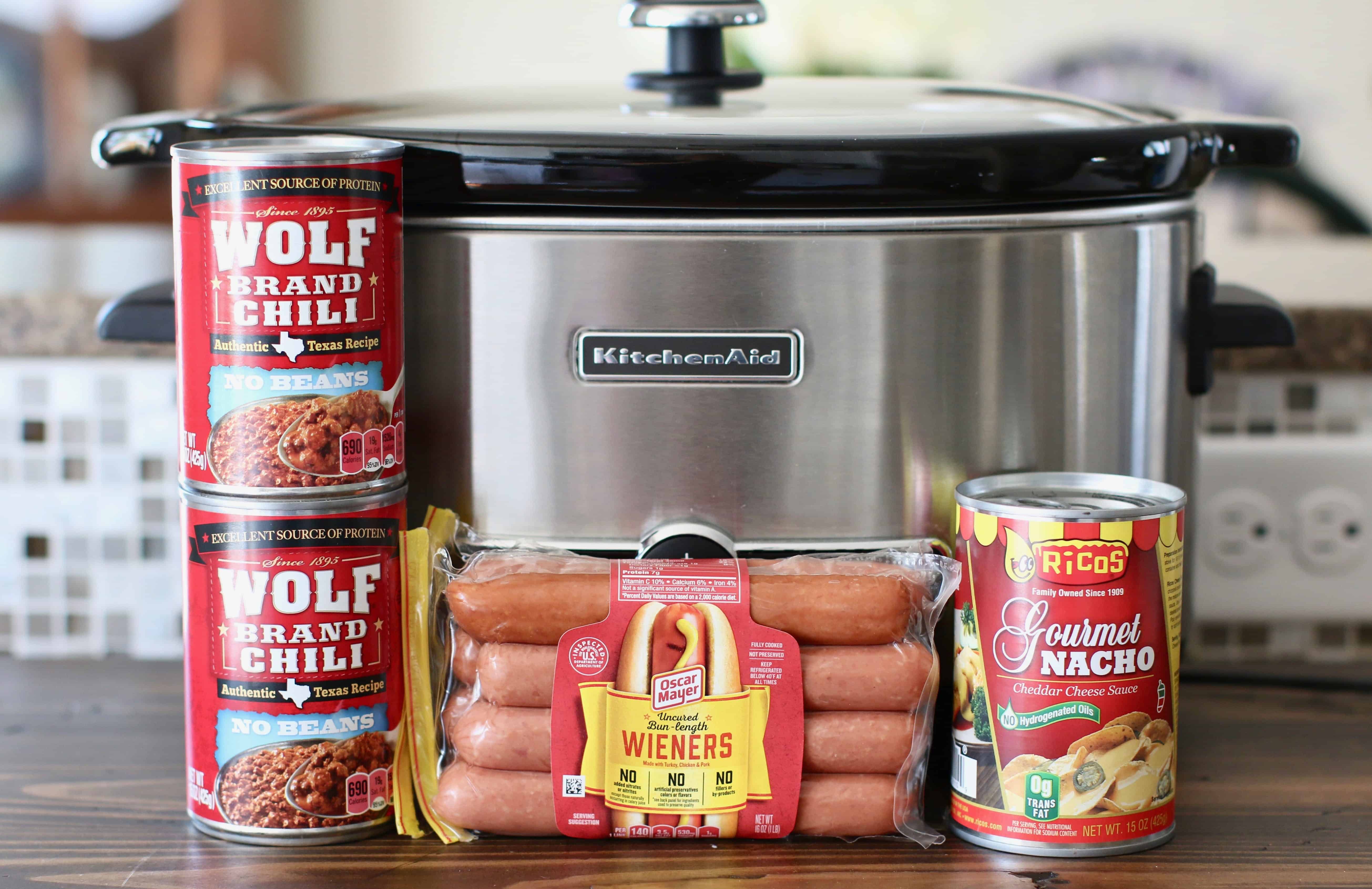 5-quart slow cooker, Oscar Meyer hot dogs, nacho cheese sauce, wolf brand chili (no beans).