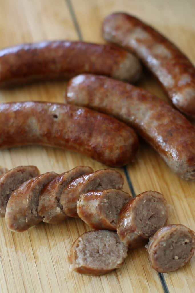 cooked, sliced beer brats