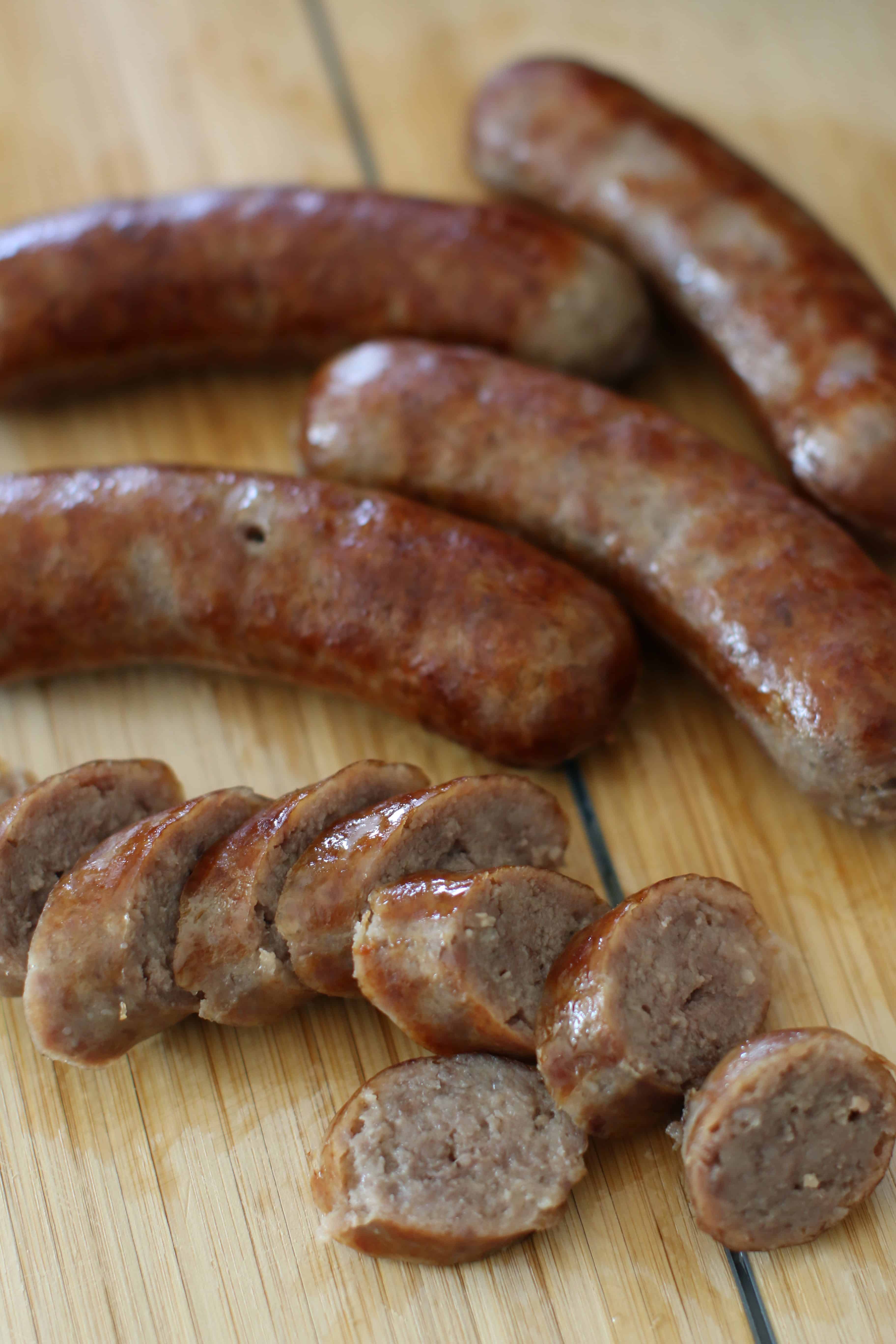 cooked, sliced beer brats.
