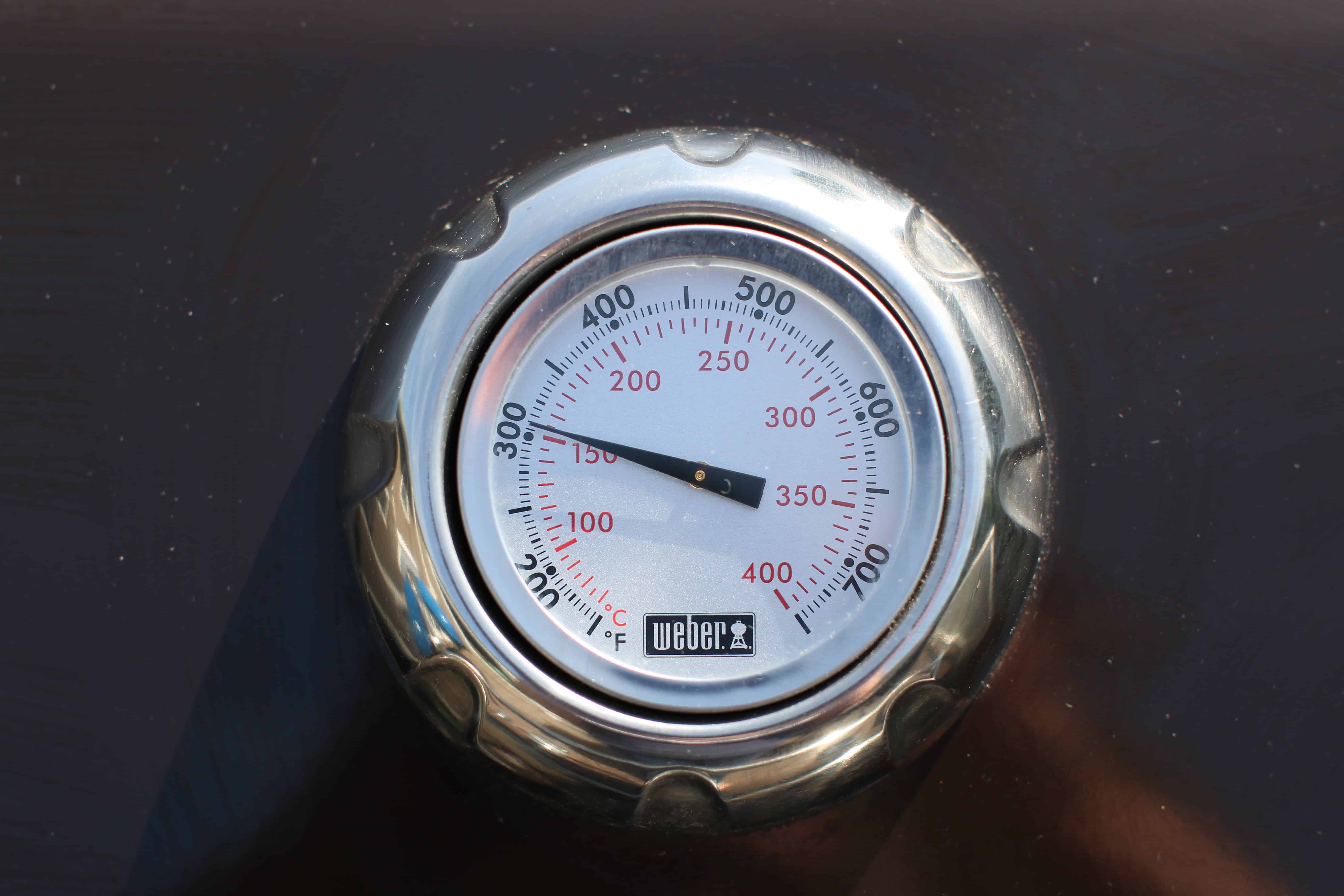 temperature gauge on grill showing 300 degrees Fahrenheit. 