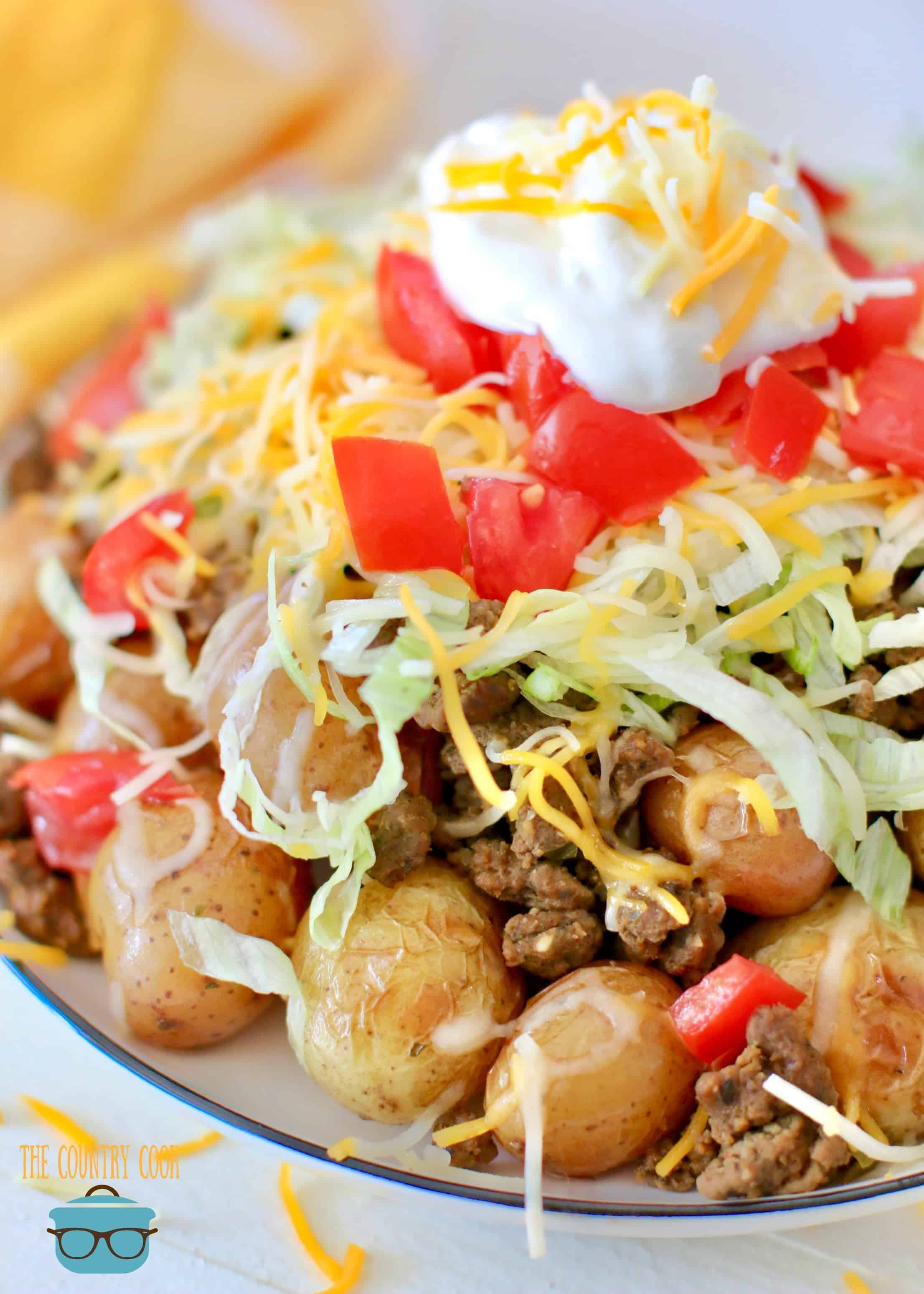 closeup photo pf stacked grilled potatoes topped with shredded lettuce, shredded cheese, tomatoes and sour cream.