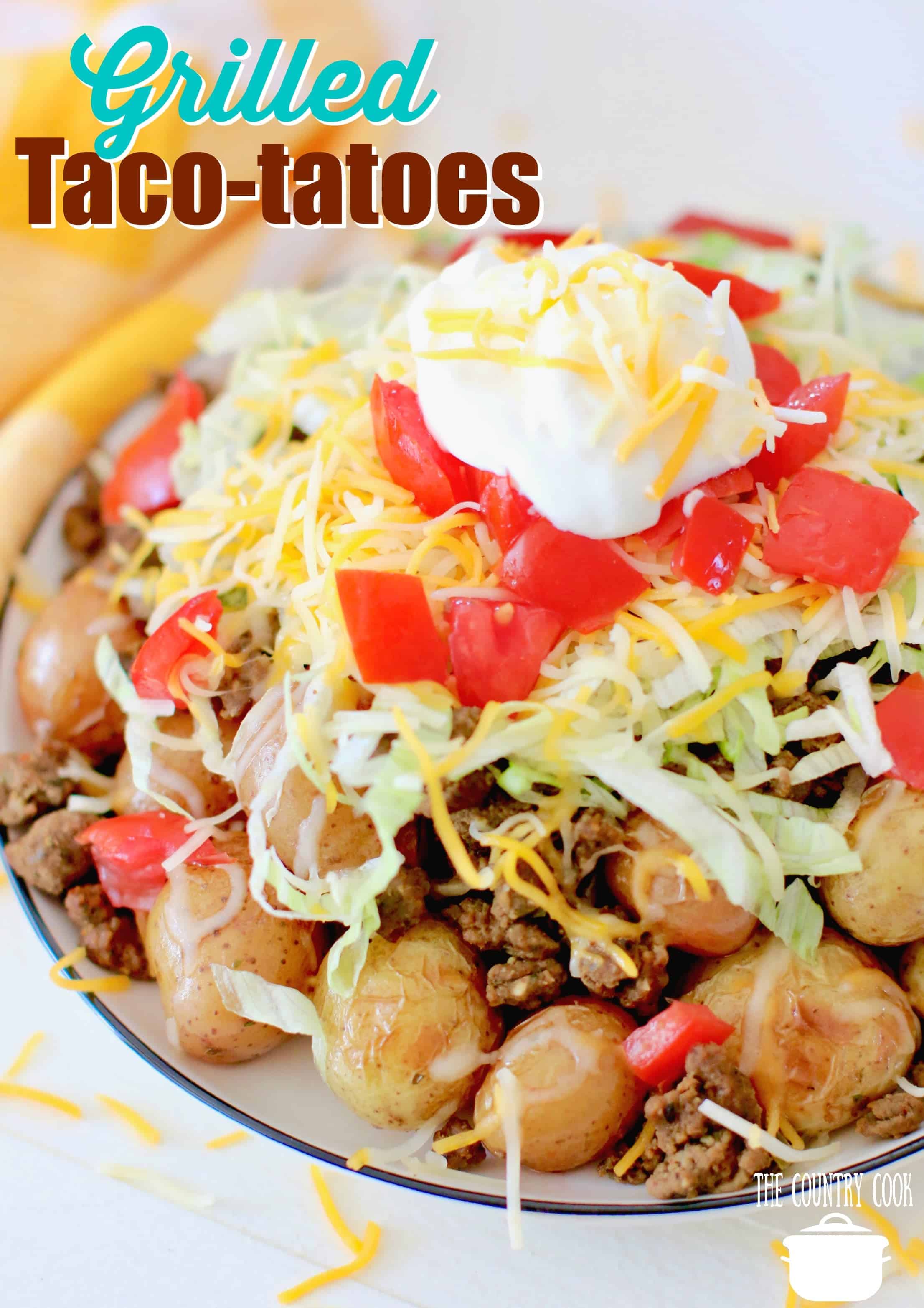 overhead view of grilled potatoes on a white plate with taco beef, shredded lettuce, diced tomatoes and sour cream. 