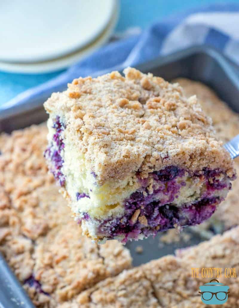 Blueberry Buckle Cake cut into 12 slices in a baking pan.